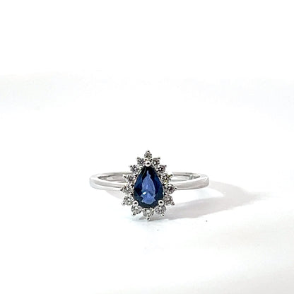 18k White Gold Pear Cut Blue Sapphire Halo Ring