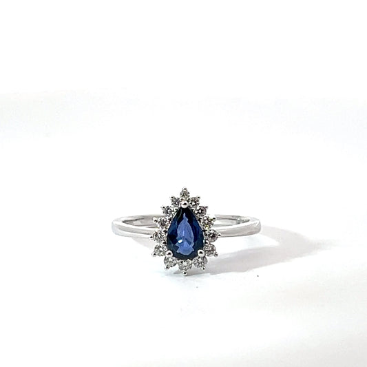 18k White Gold Pear Cut Blue Sapphire Halo Ring