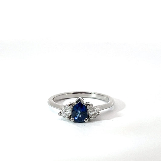 Platinum Pear Cut Blue Sapphire Trilogy Ring