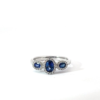 18k White Gold Oval Cut Blue Sapphire Trilogy Halo Ring