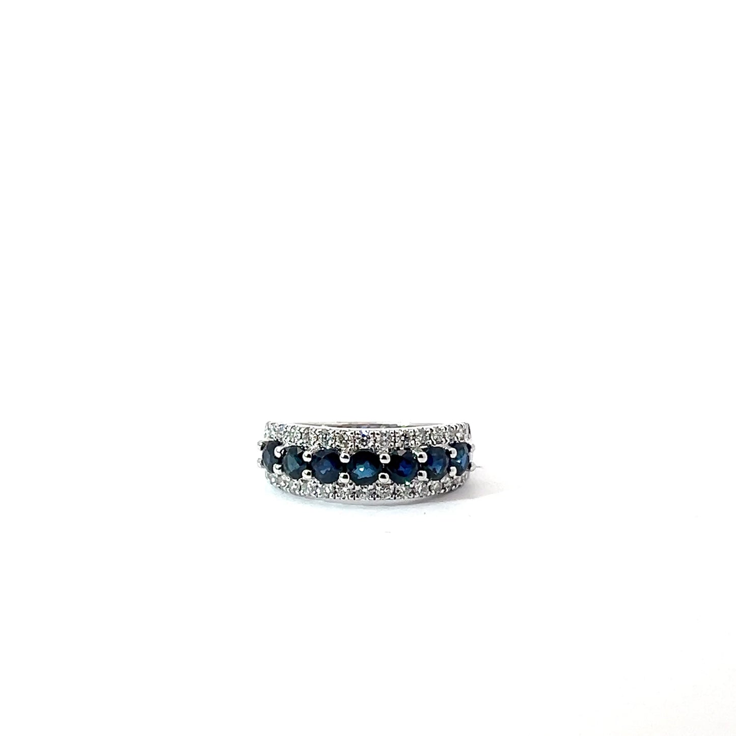 18k White Gold Round Cut Blue Sapphire Row Ring