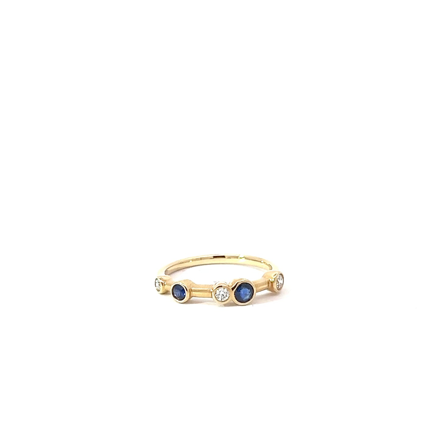 18k Yellow Gold Round Cut Blue Sapphire Single Row Bubble Ring