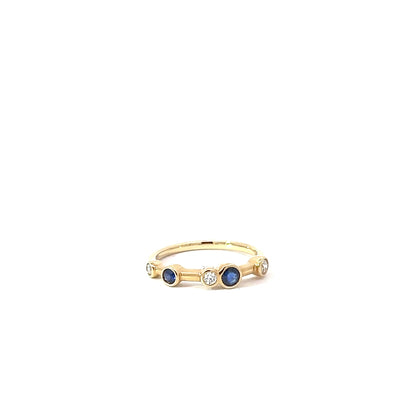 18k Yellow Gold Round Cut Blue Sapphire Single Row Bubble Ring