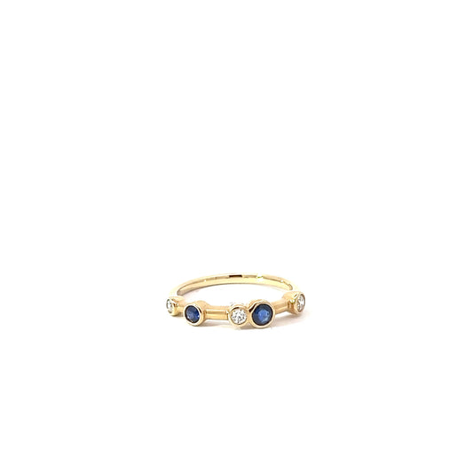 18k Yellow Gold Round Cut Blue Sapphire Single Row Bubble Ring