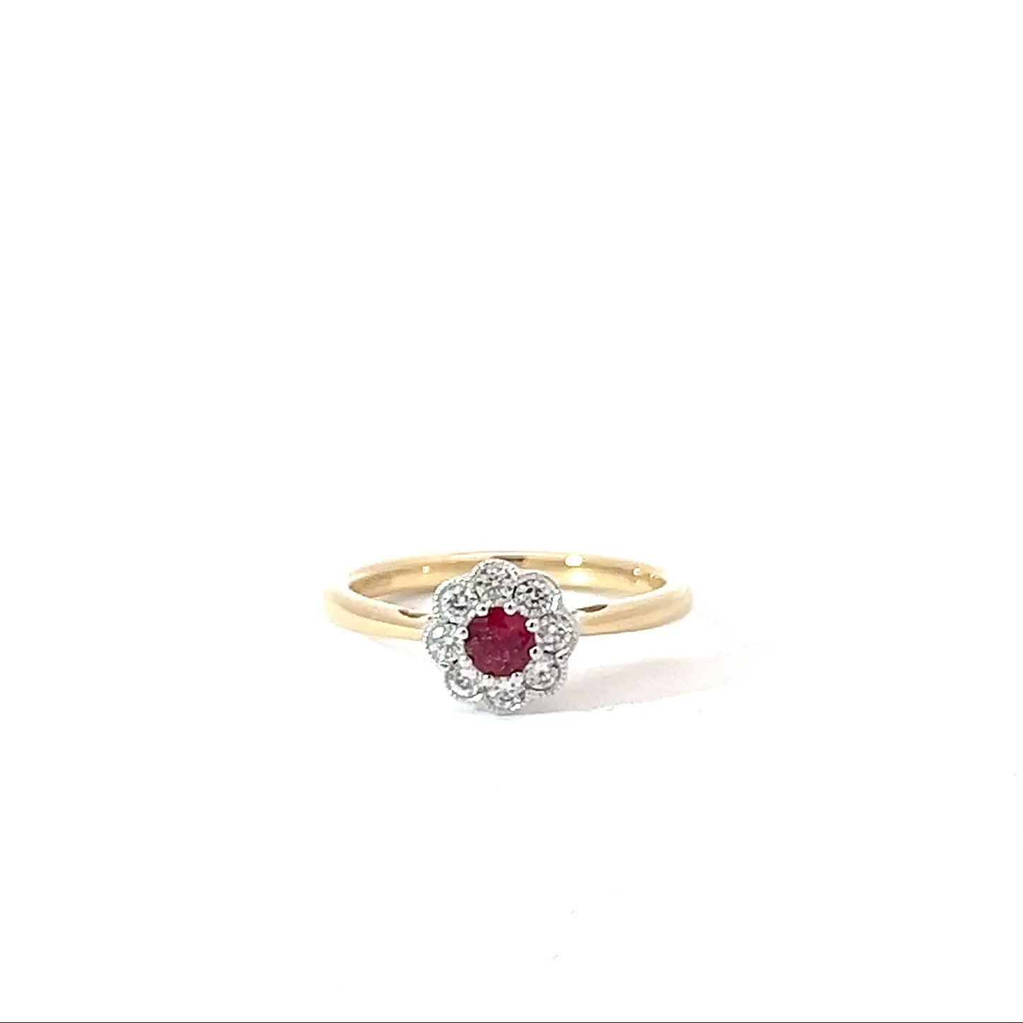 18k Yellow & White Gold Round Cut Red Ruby Cluster Ring