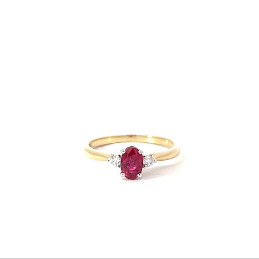 18k Yellow & White Gold Oval Cut Red Ruby Trilogy Ring