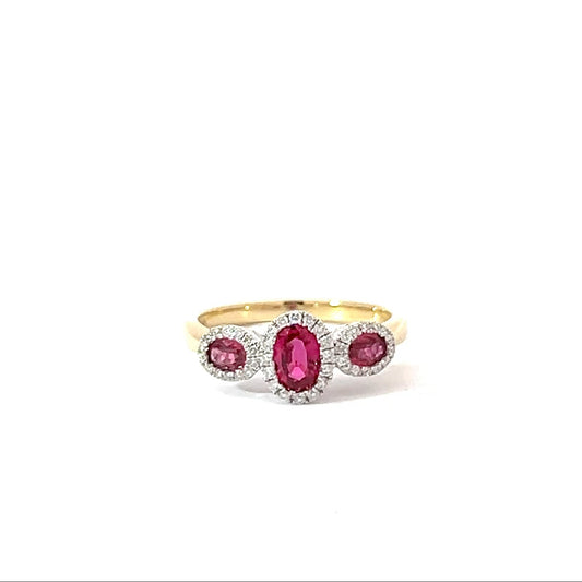 18k Yellow & White Gold Oval Cut Red Ruby Trilogy Halo Ring