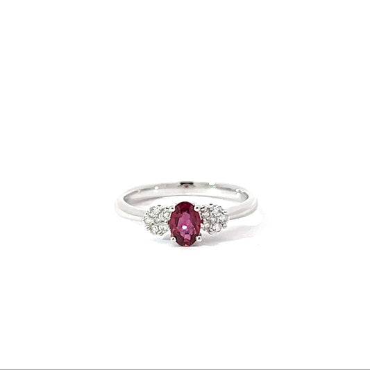 18k White Gold Oval Cut Red Ruby Trilogy Ring