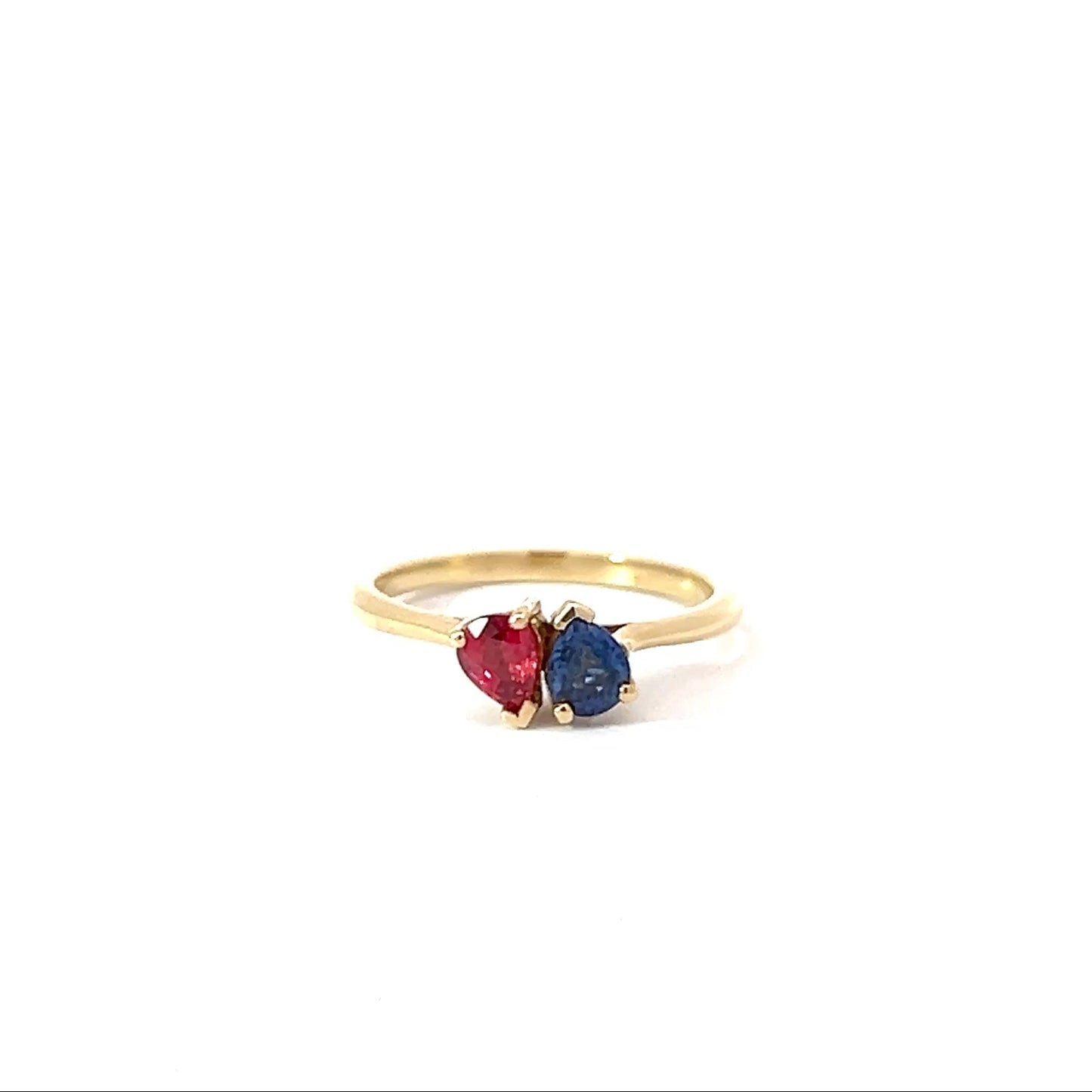 18k Yellow Gold Pear Cut Red Ruby & Blue Sapphire Moi Et Toi Ring