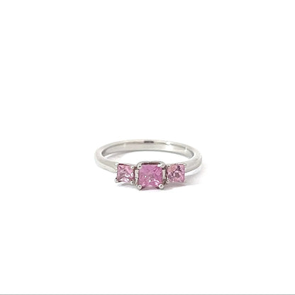 Platinum Square Cut Pink Sapphire Trilogy Ring