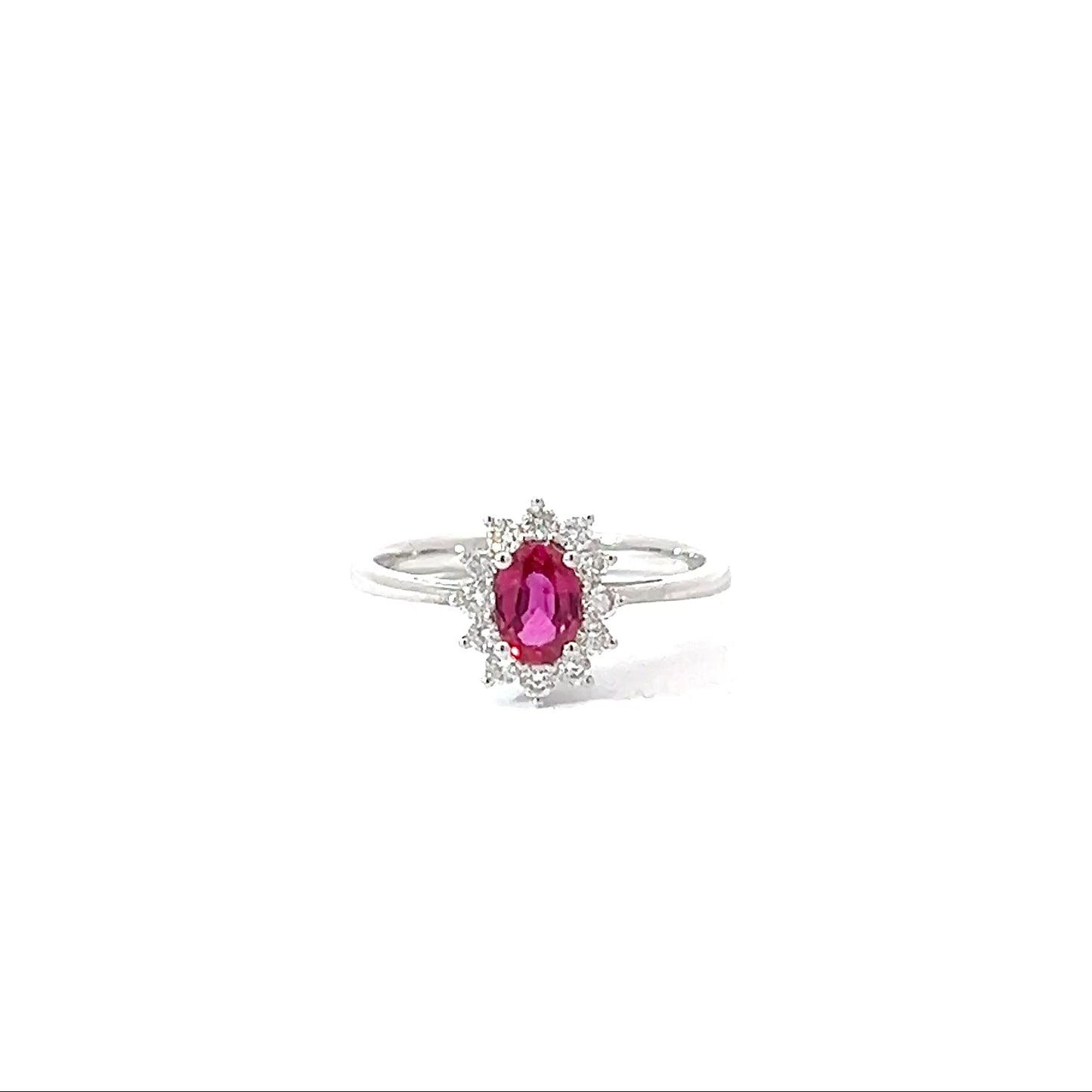 18k White Gold Oval Cut Red Ruby Halo Ring