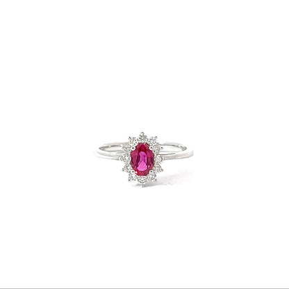 18k White Gold Oval Cut Red Ruby Halo Ring