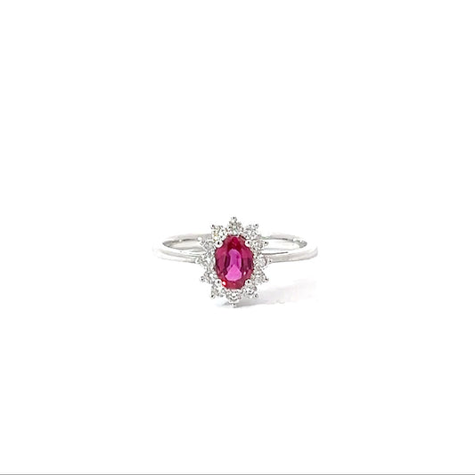 18k White Gold Oval Cut Red Ruby Halo Ring