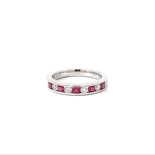 18k White Gold Round Cut Red Ruby Half Eternity Ring