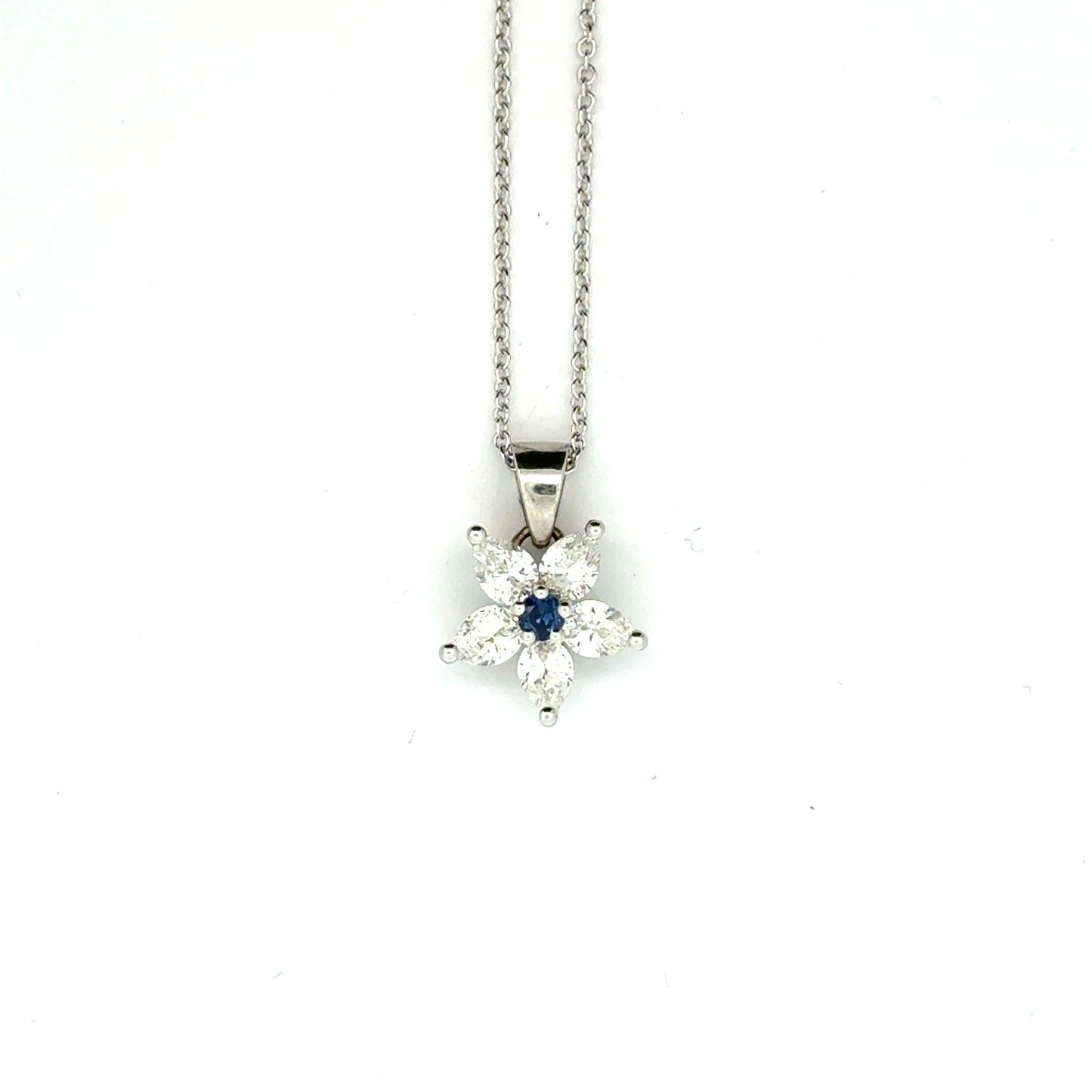 18k White Gold Round Cut Blue Sapphire & Pear Cut Diamond Floral Pendant