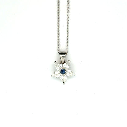 18k White Gold Round Cut Blue Sapphire & Pear Cut Diamond Floral Pendant