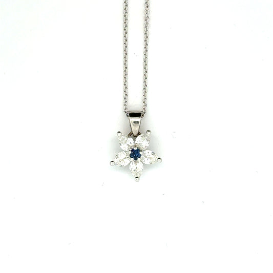 18k White Gold Round Cut Blue Sapphire & Pear Cut Diamond Floral Pendant