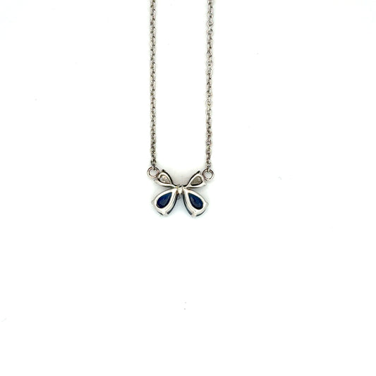 18k White Gold Pear Cut Blue Sapphire & Diamond Butterfly Pendant