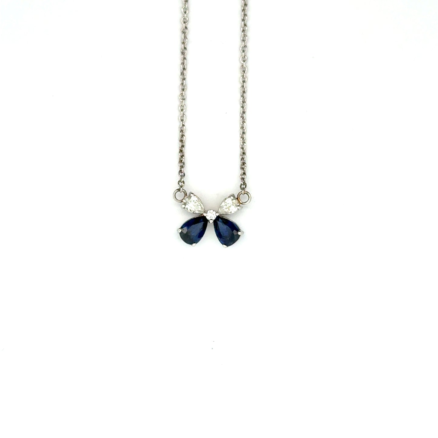 18k White Gold Pear Cut Blue Sapphire & Diamond Butterfly Pendant