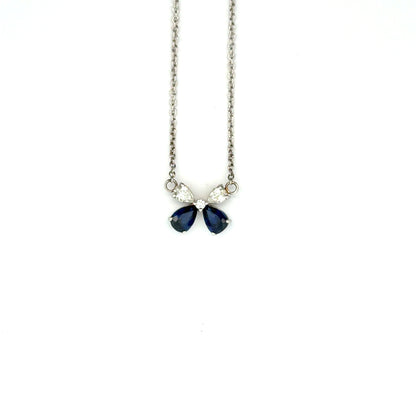 18k White Gold Pear Cut Blue Sapphire & Diamond Butterfly Pendant