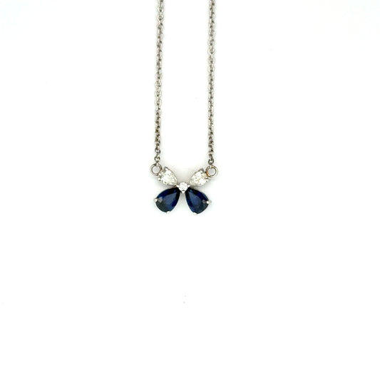 18k White Gold Pear Cut Blue Sapphire & Diamond Butterfly Pendant