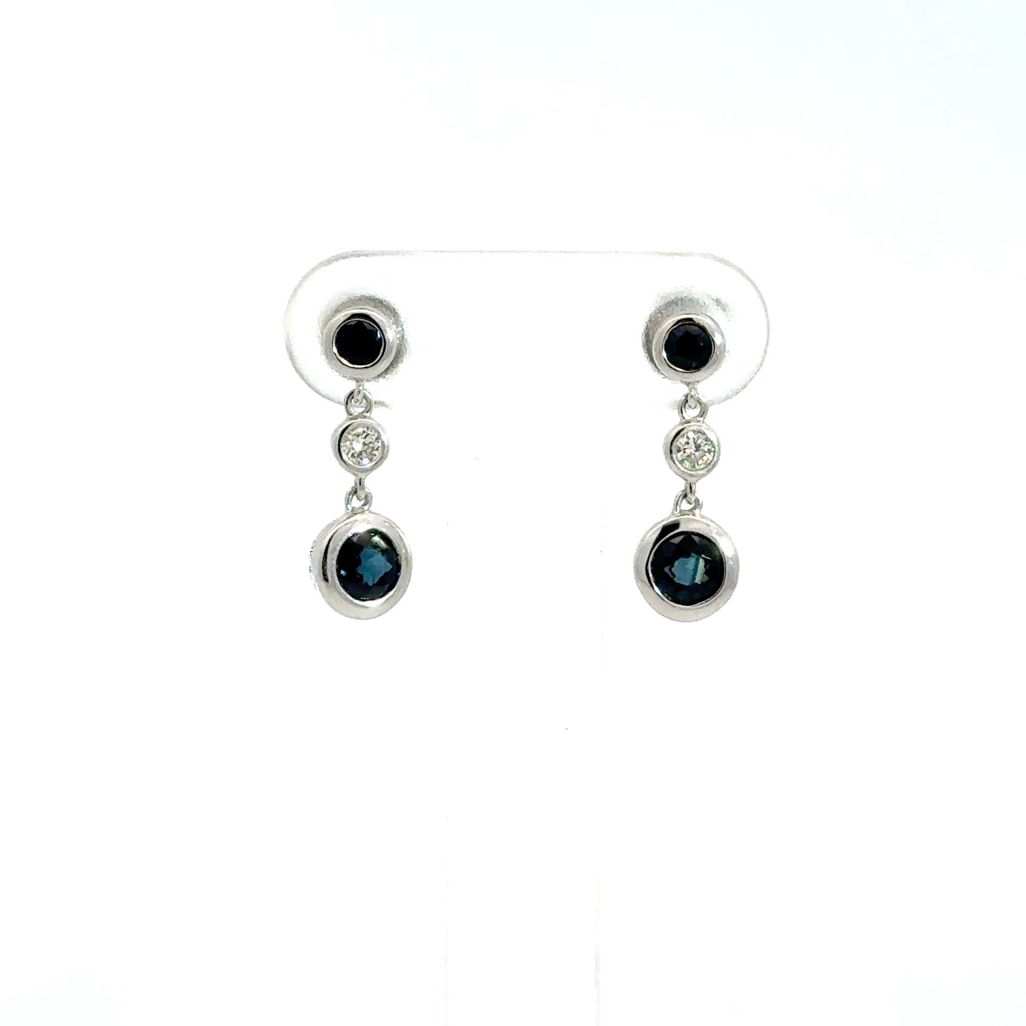 9k White Gold Round Cut Blue Sapphire & Diamond Drop Earrings