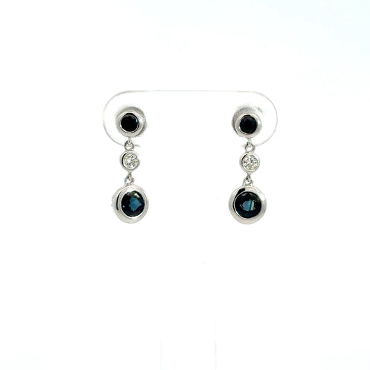 9k White Gold Round Cut Blue Sapphire & Diamond Drop Earrings