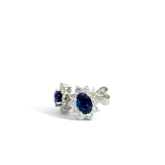 18k White Gold Oval Cut Blue Sapphire & Diamond Stud Earrings