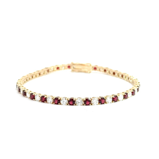 9k Yellow Gold Round Cut Lab Ruby & Round Brilliant Cut Lab Diamond Tennis Bracelet