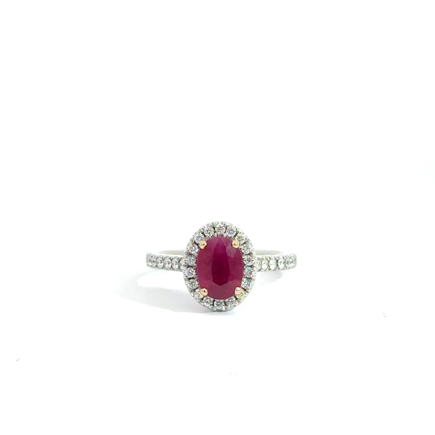 18K White Gold Oval Cut Red Ruby Halo Ring