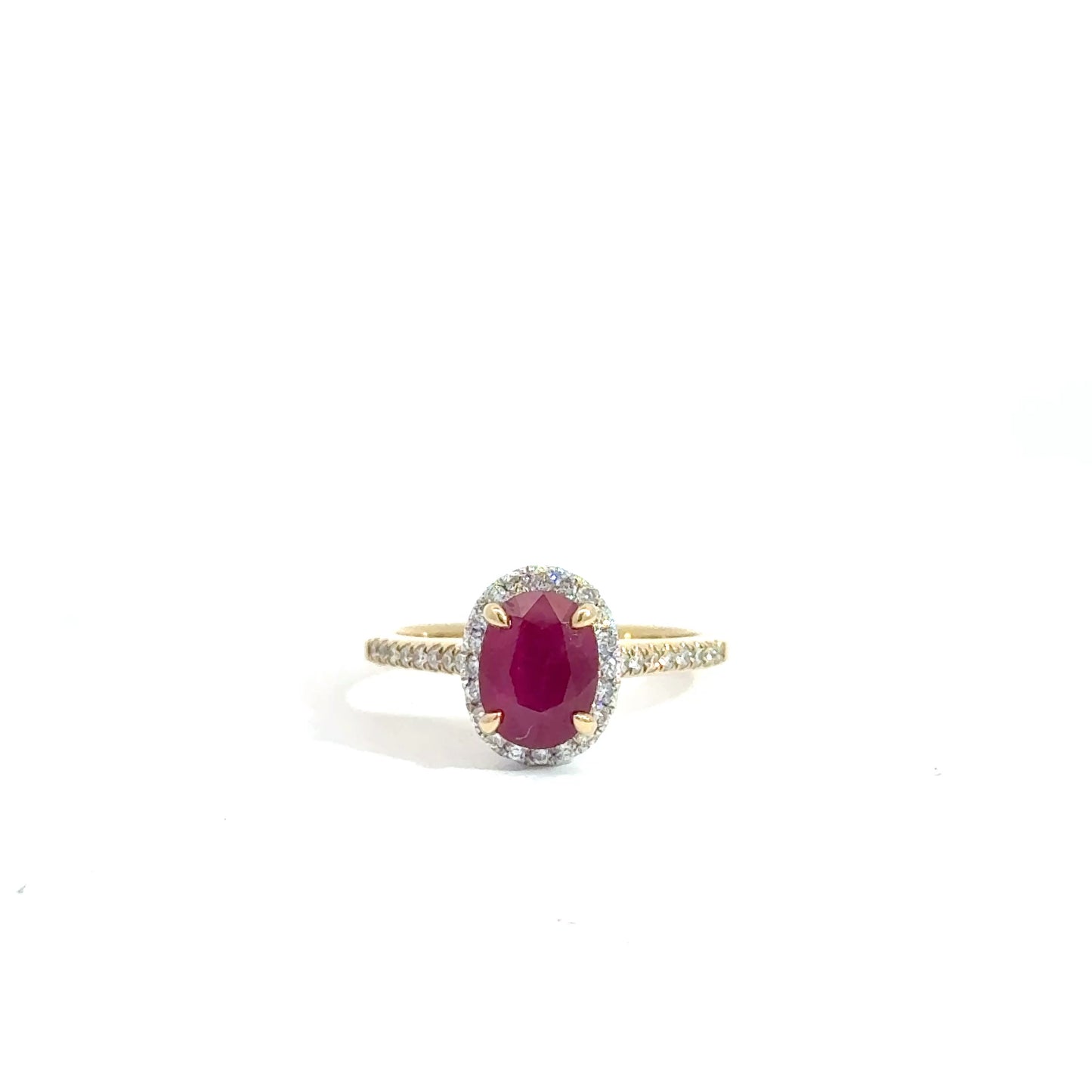 18k Yellow & White Gold Oval Cut Red Ruby Halo Ring