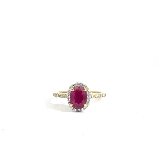 18k Yellow & White Gold Oval Cut Red Ruby Halo Ring