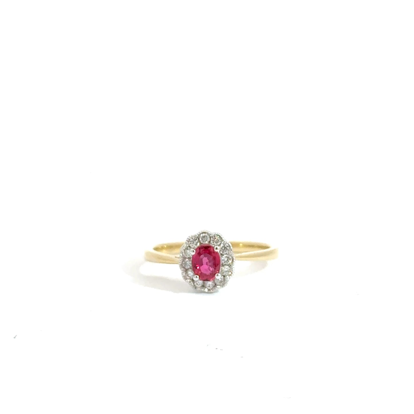 18K Yellow & White Gold Oval Cut Red Ruby Halo Ring