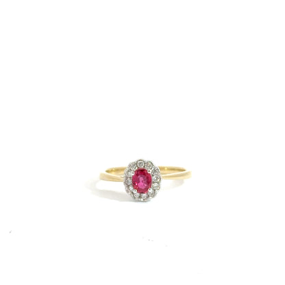 18K Yellow & White Gold Oval Cut Red Ruby Halo Ring
