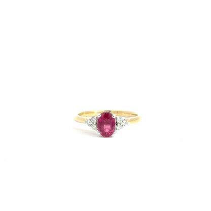18k Yellow Gold & Platinum Oval Cut Red Ruby Trilogy Ring