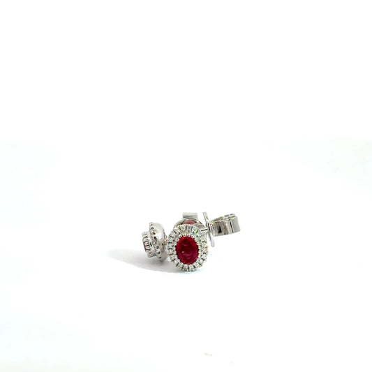 18k White Gold Oval Cut Red Ruby & Diamond Stud Earrings