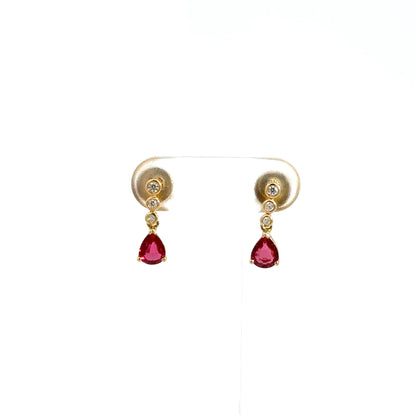 18k Yellow Gold Pear Cut Red Ruby & Diamond Drop Earrings