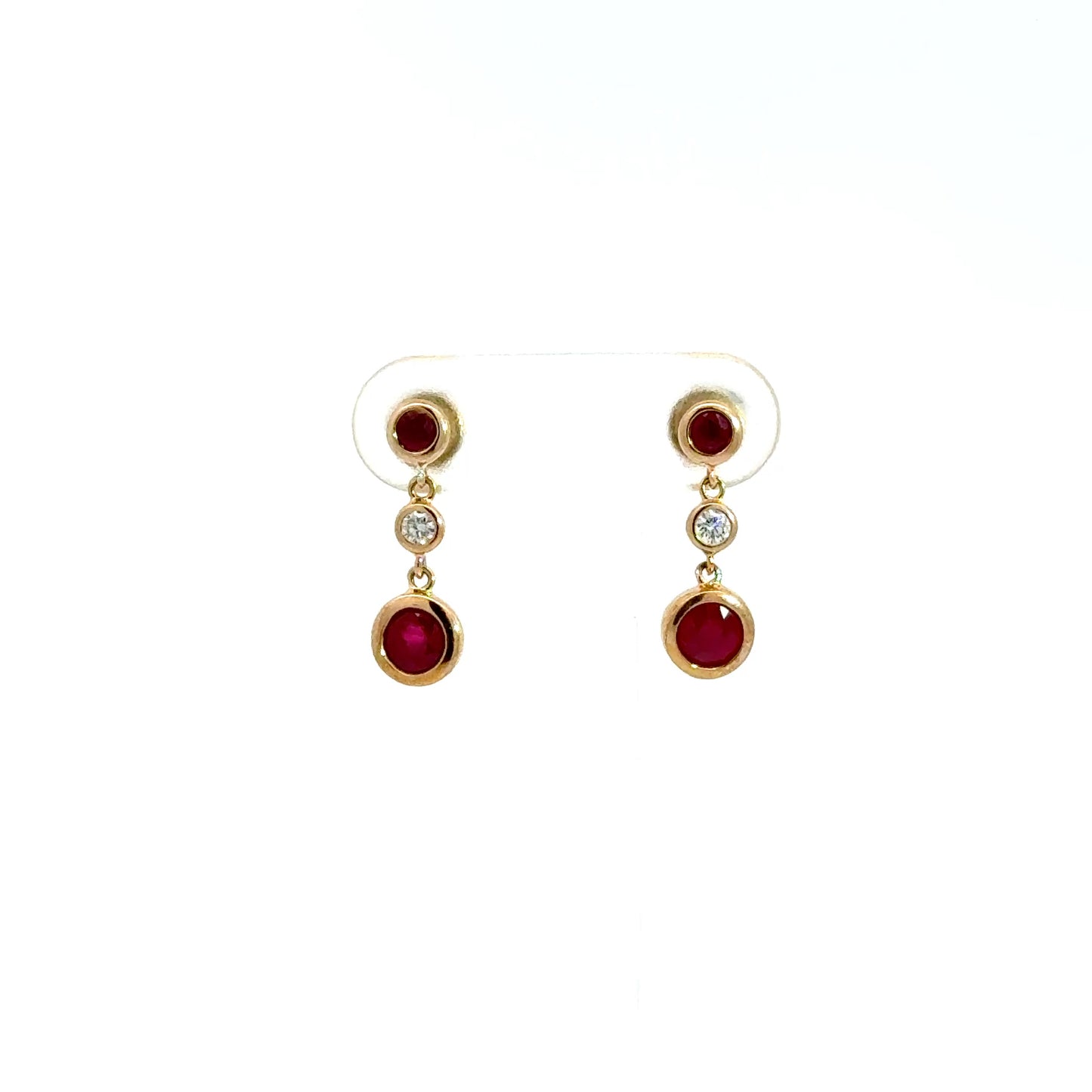 9k Yellow Gold Round Cut Red Ruby & Diamond Drop Earrings