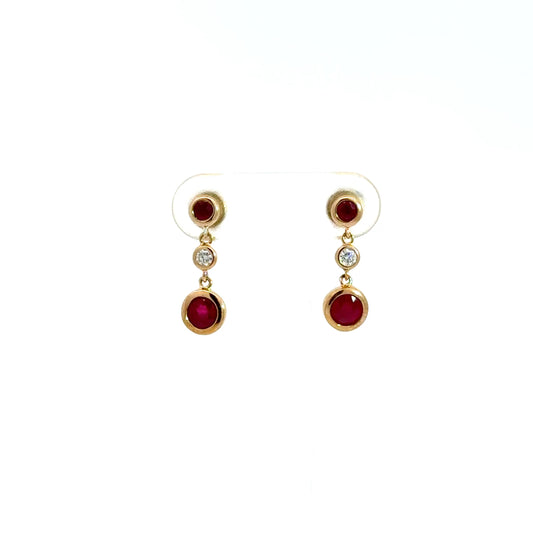 9k Yellow Gold Round Cut Red Ruby & Diamond Drop Earrings