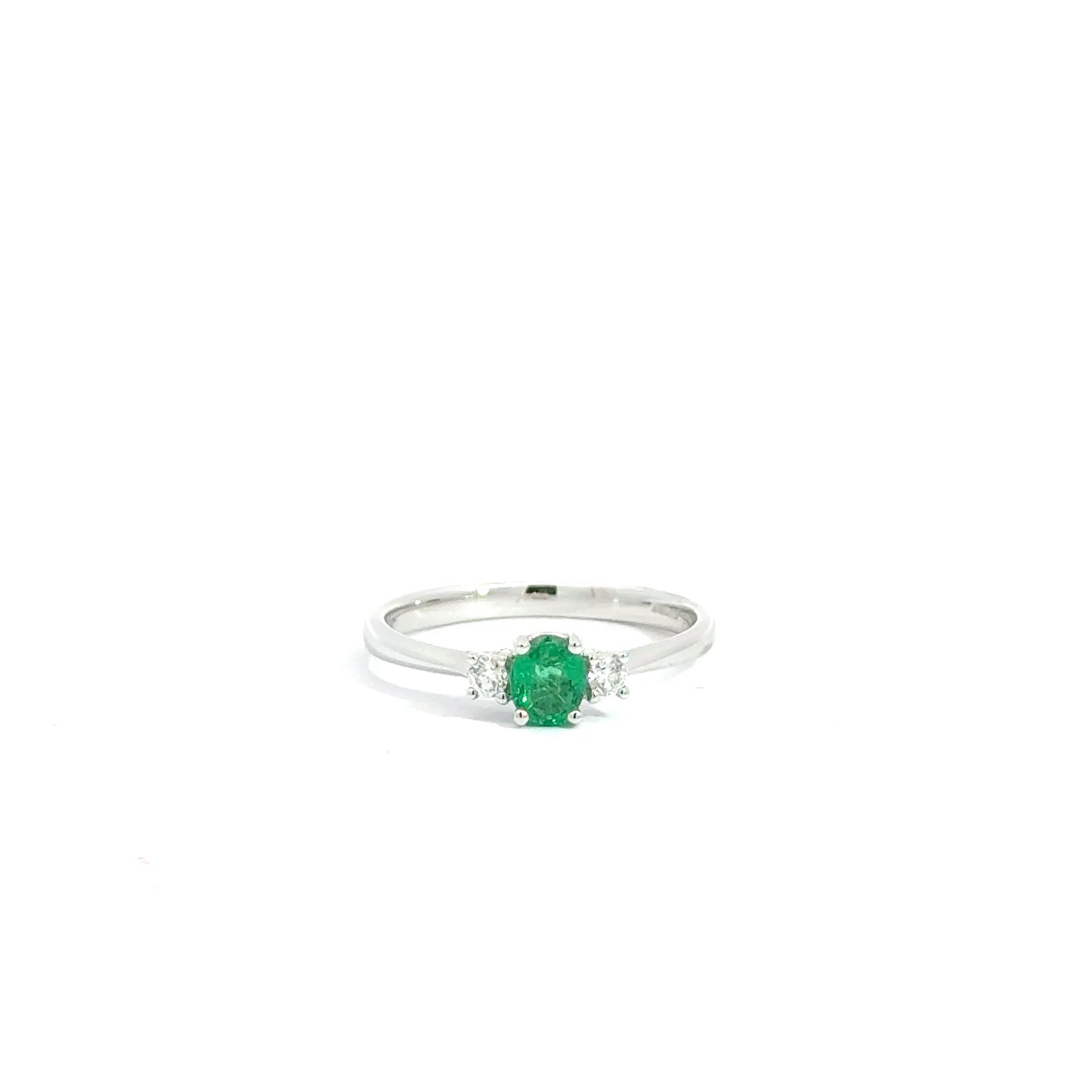 18k White Gold Oval Cut Green Emerald Trilogy Ring