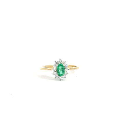18k Yellow & White Gold Oval Cut Green Emerald Halo Ring