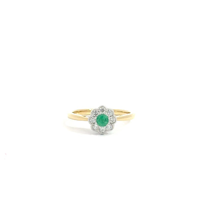 18k Yellow & White Gold Round Cut Green Emerald Cluster Ring