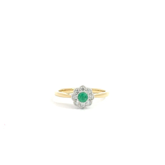 18k Yellow & White Gold Round Cut Green Emerald Cluster Ring