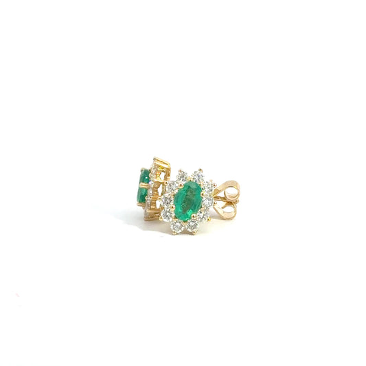 18k Yellow Gold Oval Cut Green Emerald & Diamond Cluster Stud Earrings