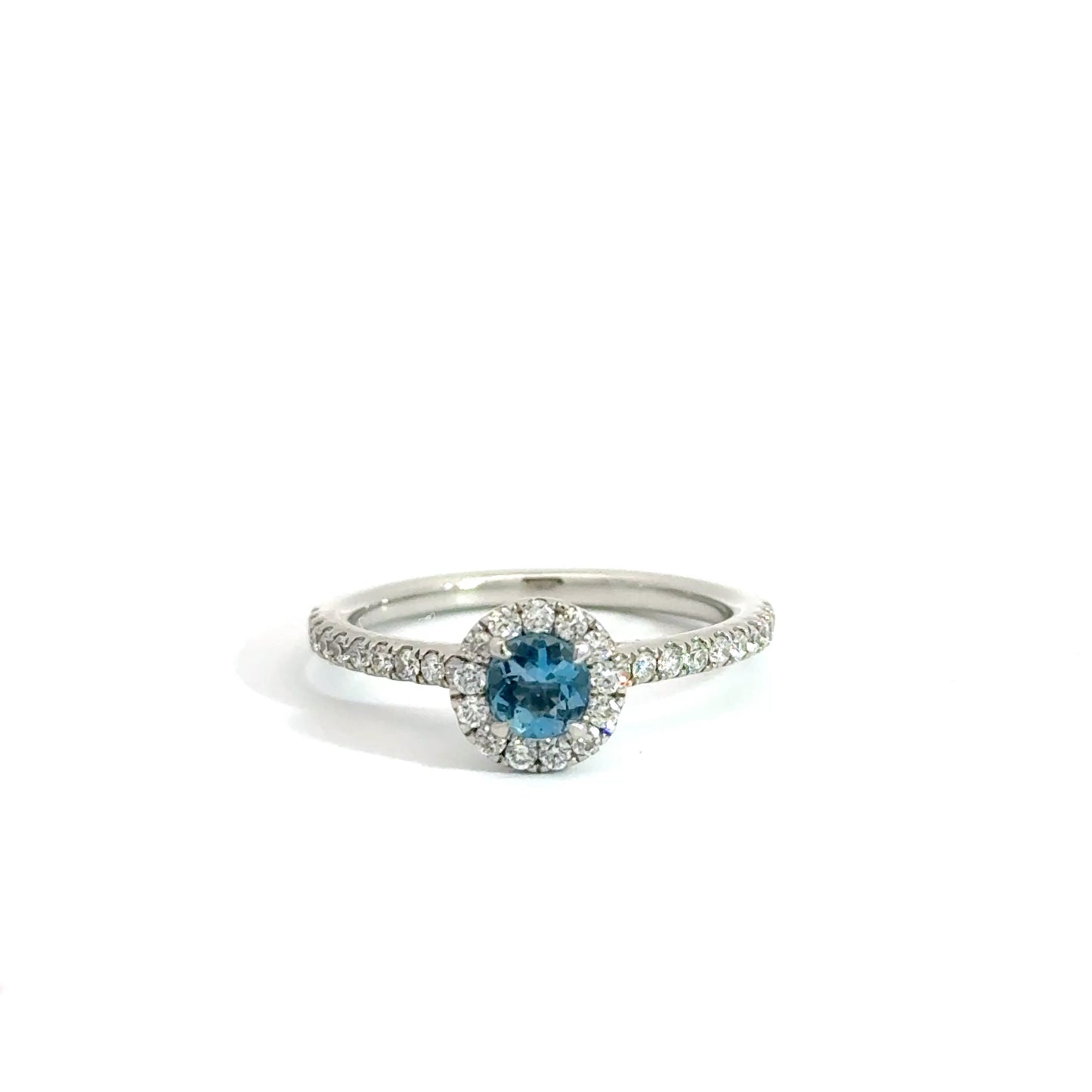 Platinum Round Cut Blue Aquamarine Halo Ring