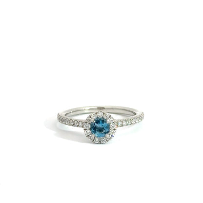 Platinum Round Cut Blue Aquamarine Halo Ring