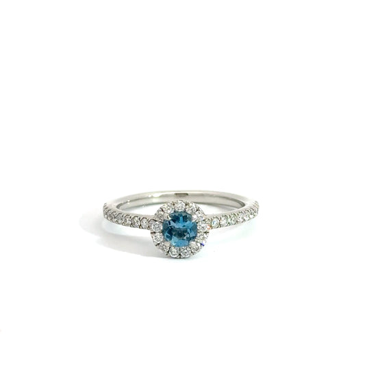 Platinum Round Cut Blue Aquamarine Halo Ring