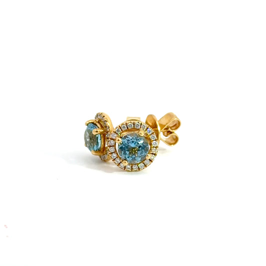 18k Yellow Gold Round Cut Blue Aquamarine & Diamond Halo Stud Earrings
