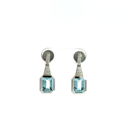 18k White Gold Emerald Cut Blue Aquamarine & Diamond Drop Earrings