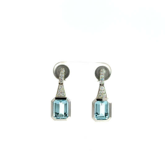 18k White Gold Emerald Cut Blue Aquamarine & Diamond Drop Earrings